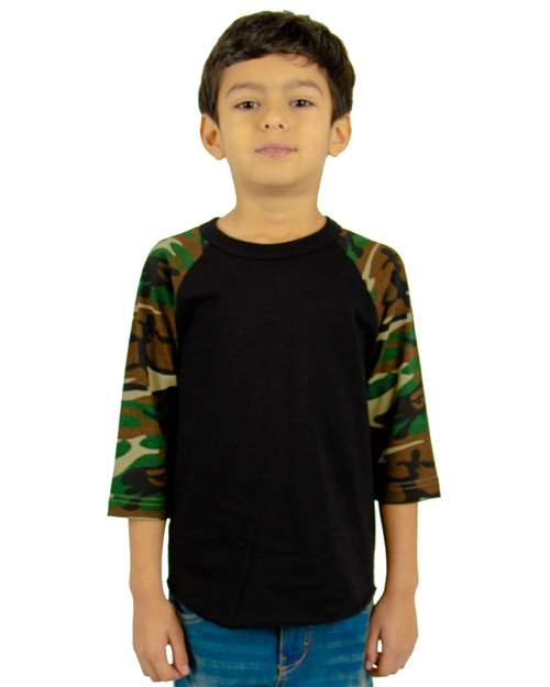 Shaka Wear Youth Three-Quarter Sleeve Camo Raglan T-Shirt - Shaka Wear SHRAGCY