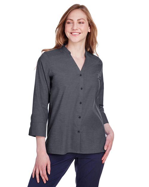 Joe's USA Women's Crown Collection® Stretch Pinpoint Chambra Three-Quarter Sleeve Shirt