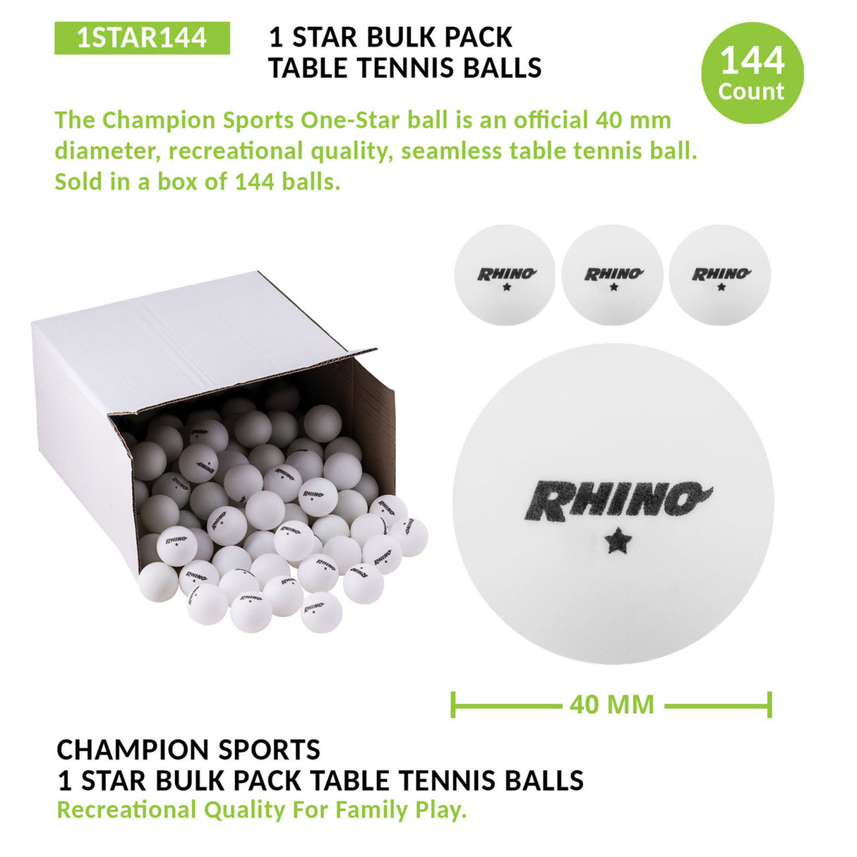 Champion Sports 1-STAR TABLE TENNIS BALLS, BOX OF 144