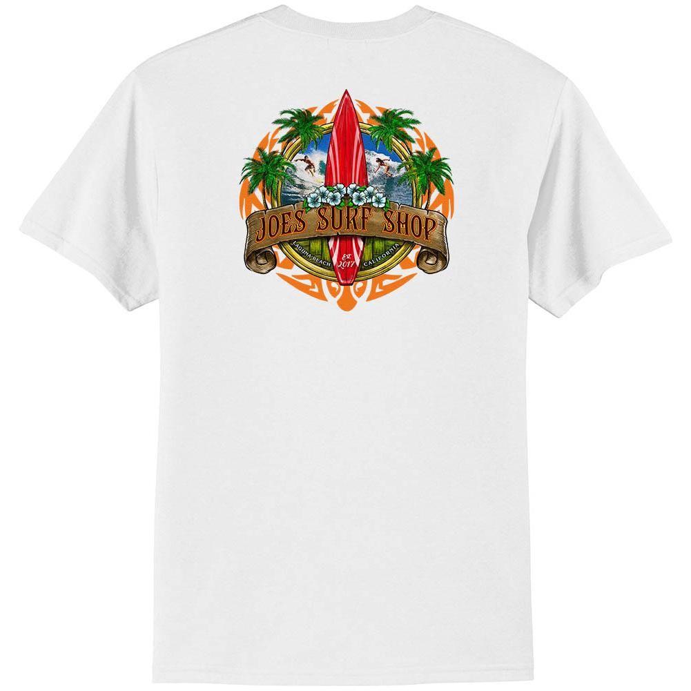 Joe's Surf Shop Longboard Design 50/50 Cotton Poly T-Shirts in Regular, Big and Tall