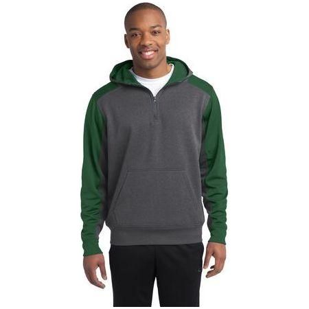Mens Colorblock Tech Fleece 1/4-Zip Hooded Sweatshirt DRI-EQUIP Graphite Heather/Forest Green Medium
