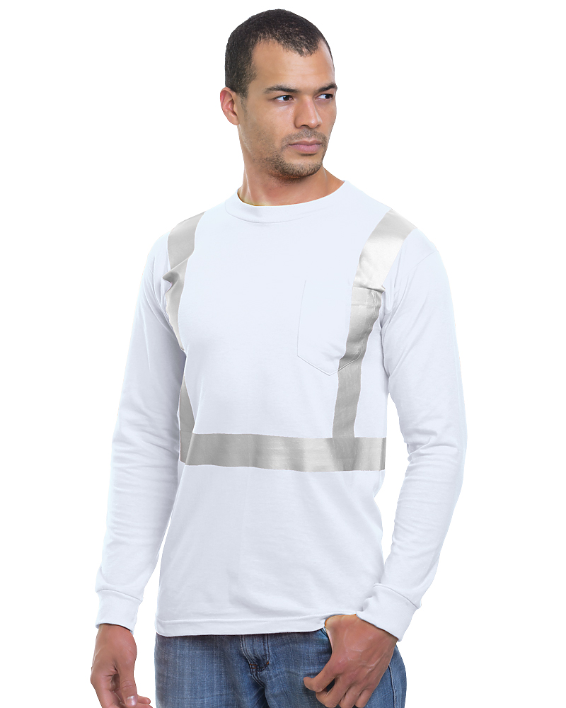 Bayside Unisex USA-Made High Visibility Long Sleeve Pocket T-Shirt - White - Bayside 3781