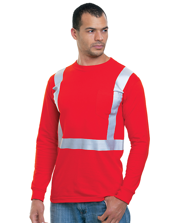 Bayside Unisex USA-Made High Visibility Long Sleeve Pocket T-Shirt - Red - Bayside 3781