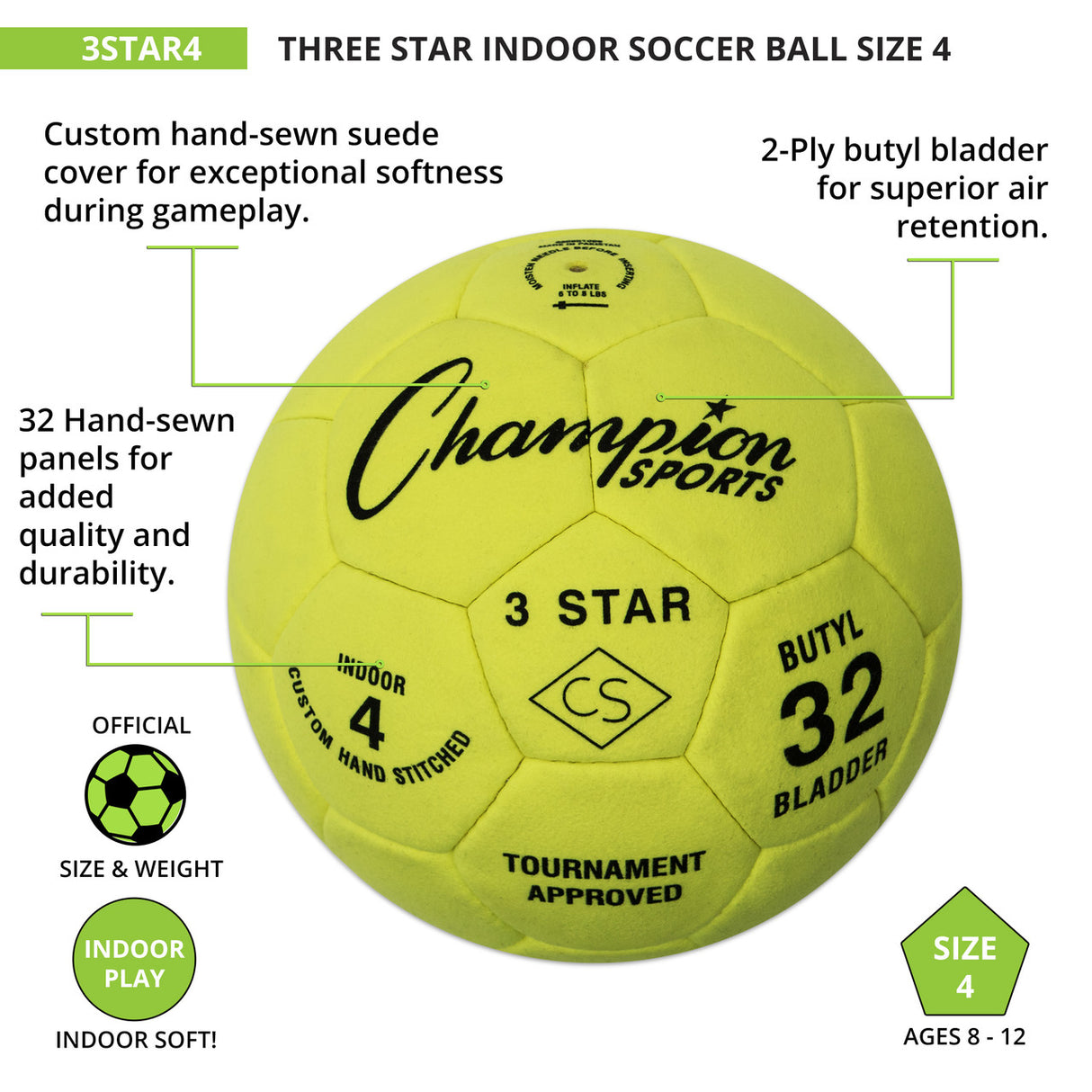 Champion Sports 3 STAR INDOOR SOCCER BALL SIZE 4