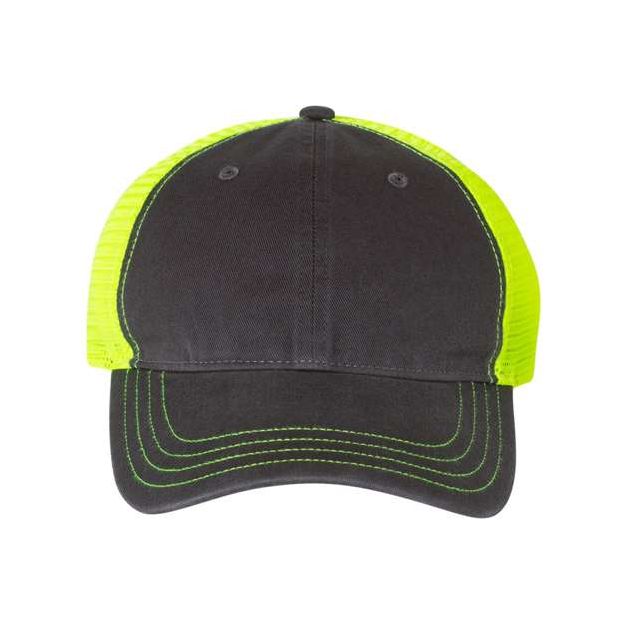 Richardson Garment-Washed Trucker Cap - Richardson 111 Richardson Charcoal/ Neon Yellow Adjustable