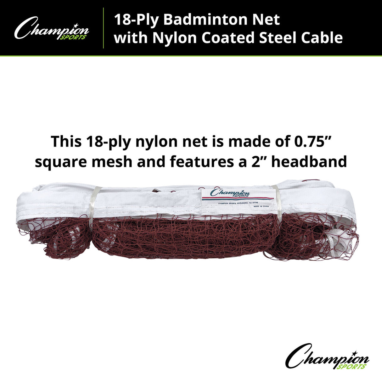 Champion Sports 18-PLY BADMINTON NET, NYLON COATED STEEL CABLE