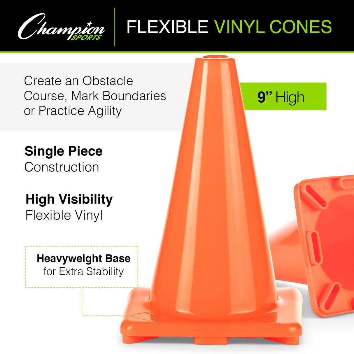 9"H HIGH-VISIBILITY FLEXIBLE VINYL CONE ORANGE