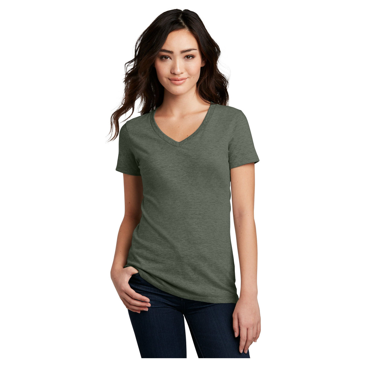 District® Women’s Perfect Blend® CVC V-Neck Tee DM1190L - Heathered Olive Women's District Heathered Olive X-Small