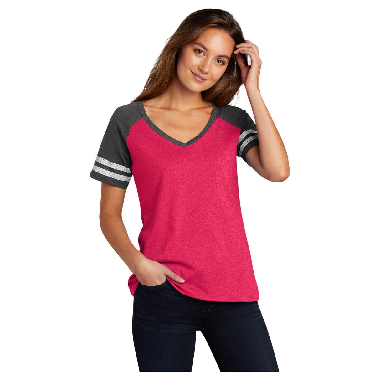 District® Women’s Game V-Neck Tee DM476 Women's District Heathered Red / Heathered Charcoal XS