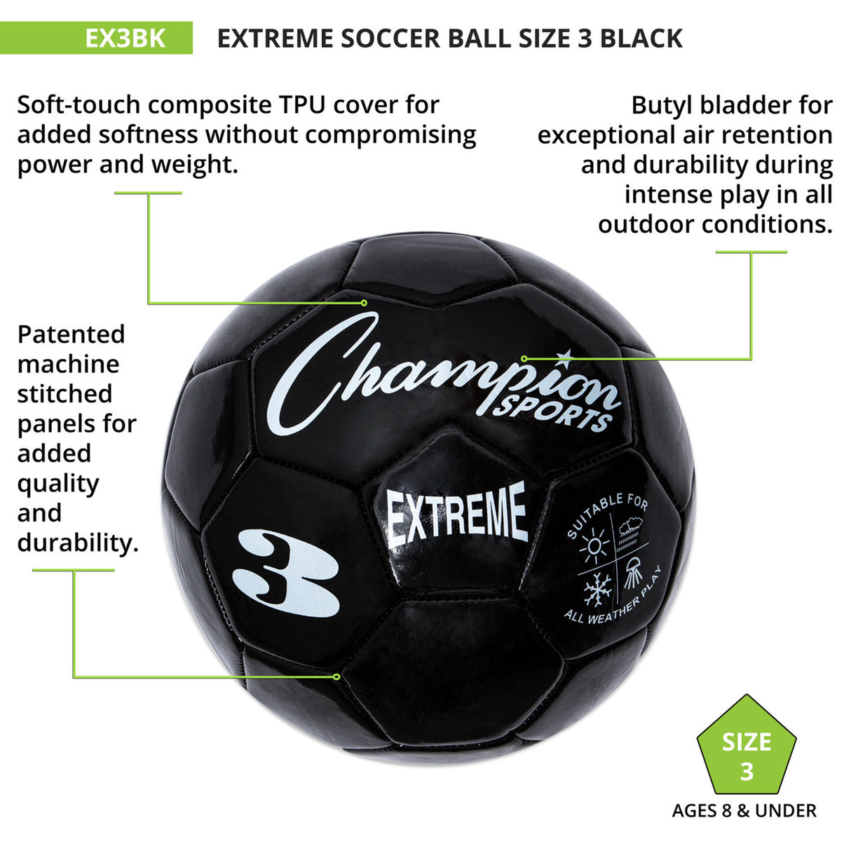 EXTREME SOCCER BALL, SIZE 3 BLACK