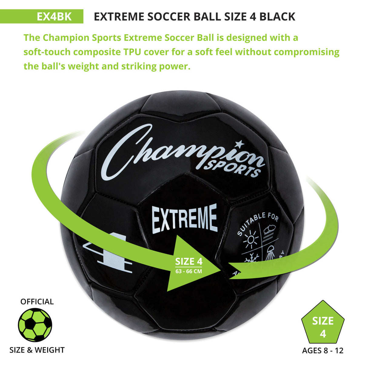 EXTREME SOCCER BALL, SIZE 4 BLACK