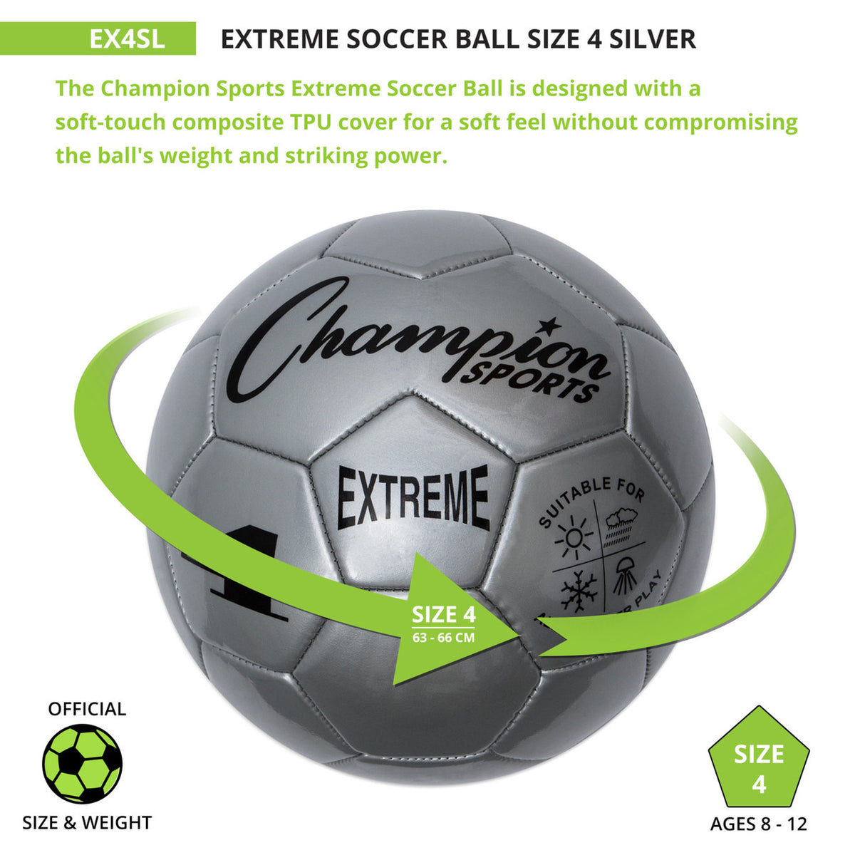 EXTREME SOCCER BALL, SIZE 4 BLACK