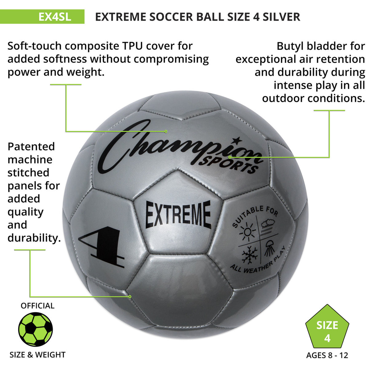 EXTREME SOCCER BALL, SIZE 4 BLACK