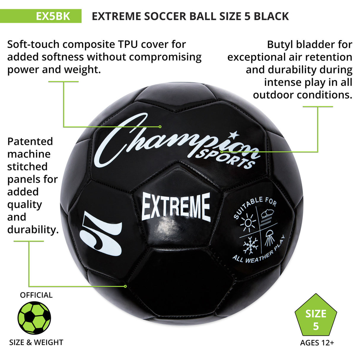 EXTREME SOCCER BALL, SIZE 5 BLACK