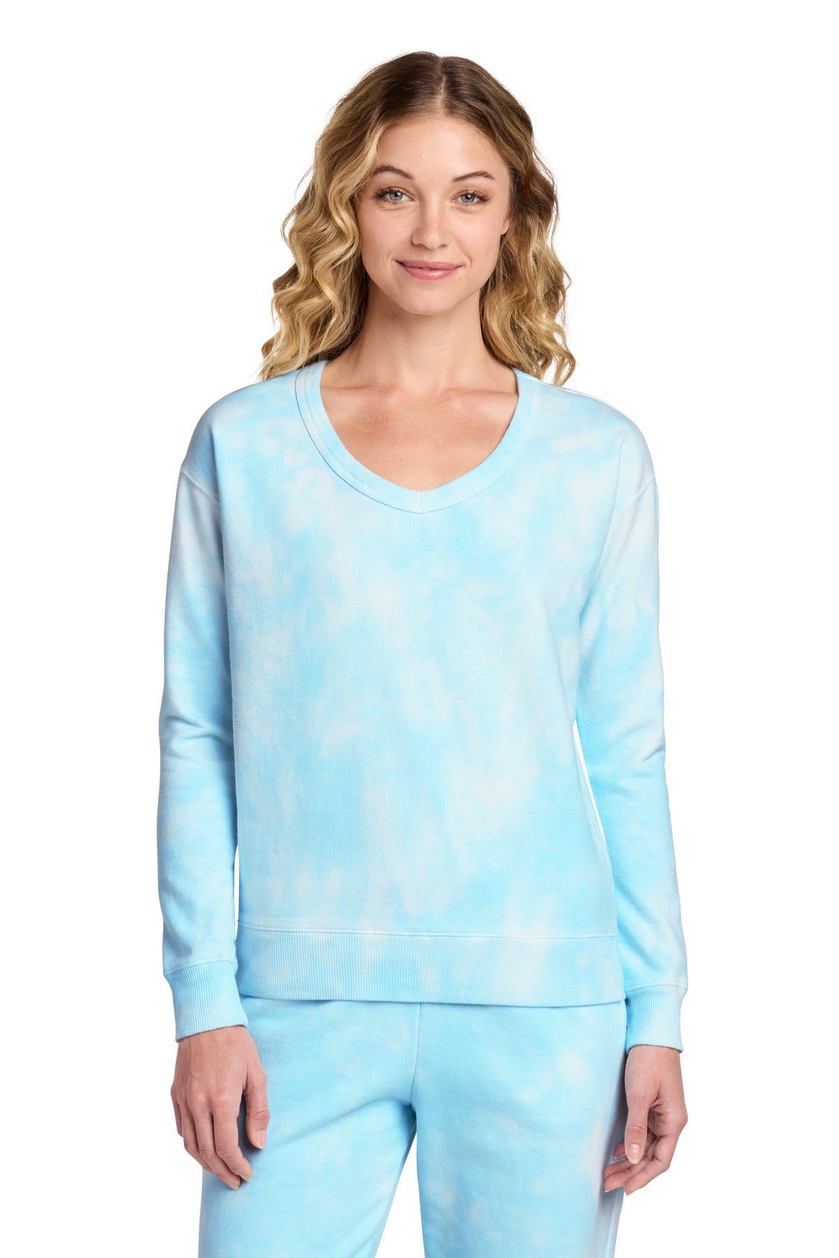 Port & Company LPC140V Women's Beach Wash Cloud Tie-Dye V-Neck Sweatshirt | Port & Co LPC140V