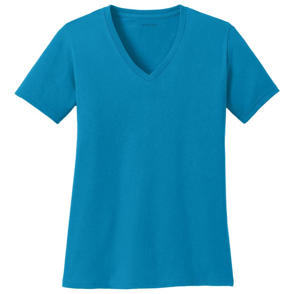 Joe's USA Ladies 5.4-oz 100% Cotton V-Neck T-Shirt-NeonBlue Joe's USA Neon Blue XS