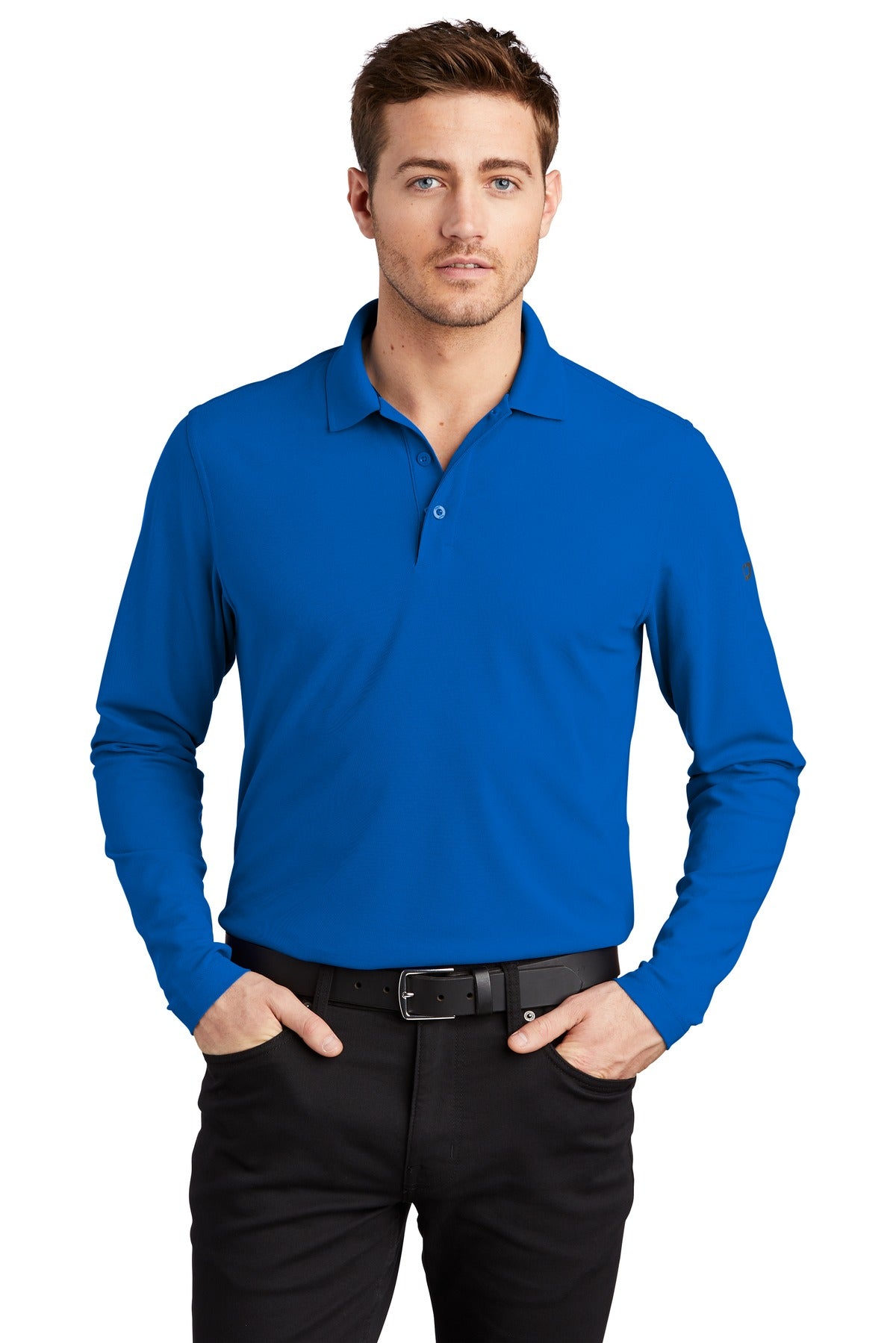 Blue OGIO Caliber2.0 Long Sleeve OG105 polo on model; 5 oz poly pique with stay-cool wicking, 3-button placket, flat knit collar.