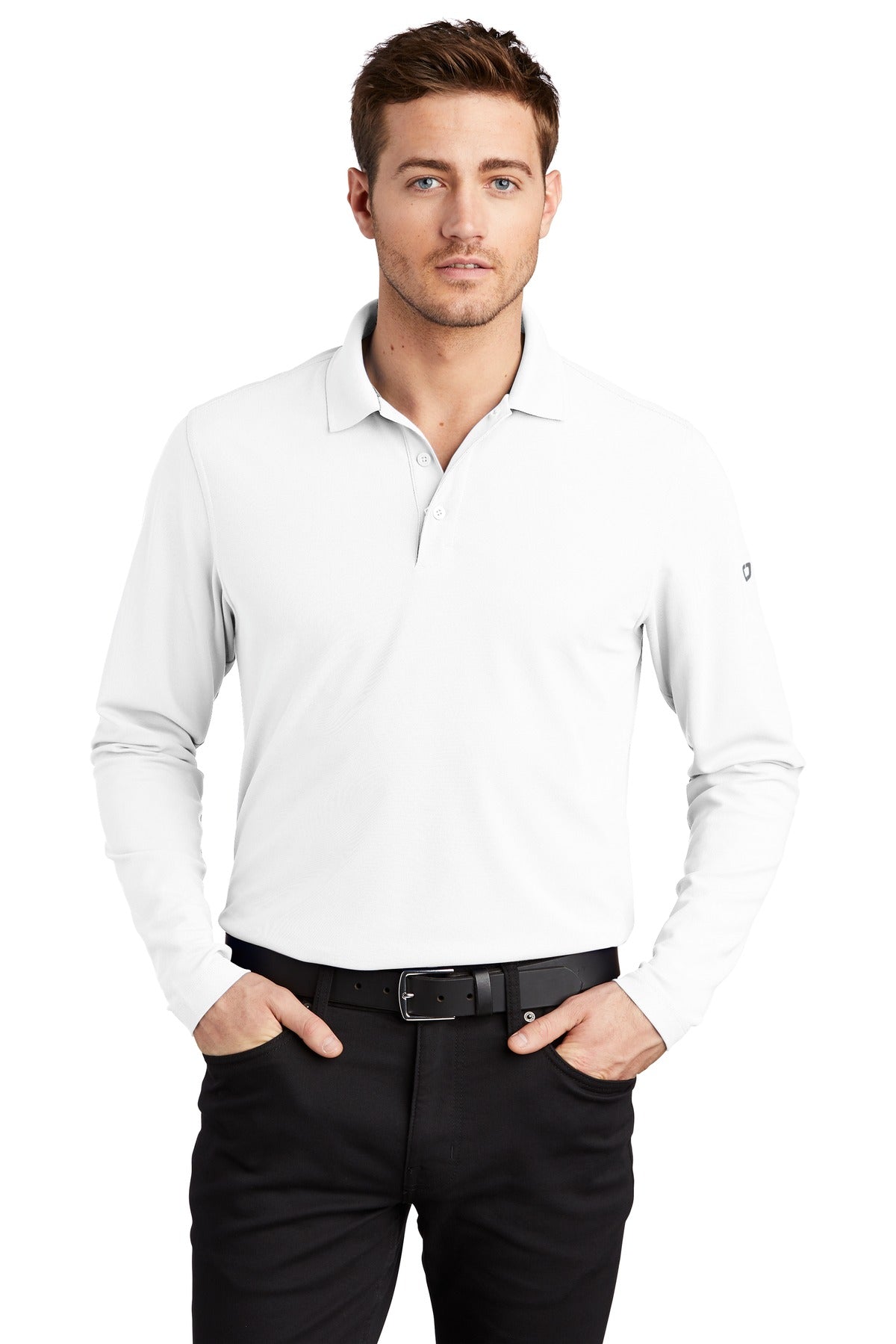OGIO Caliber2.0 Long Sleeve OG105 polo in white with flat knit collar and stay-cool wicking.