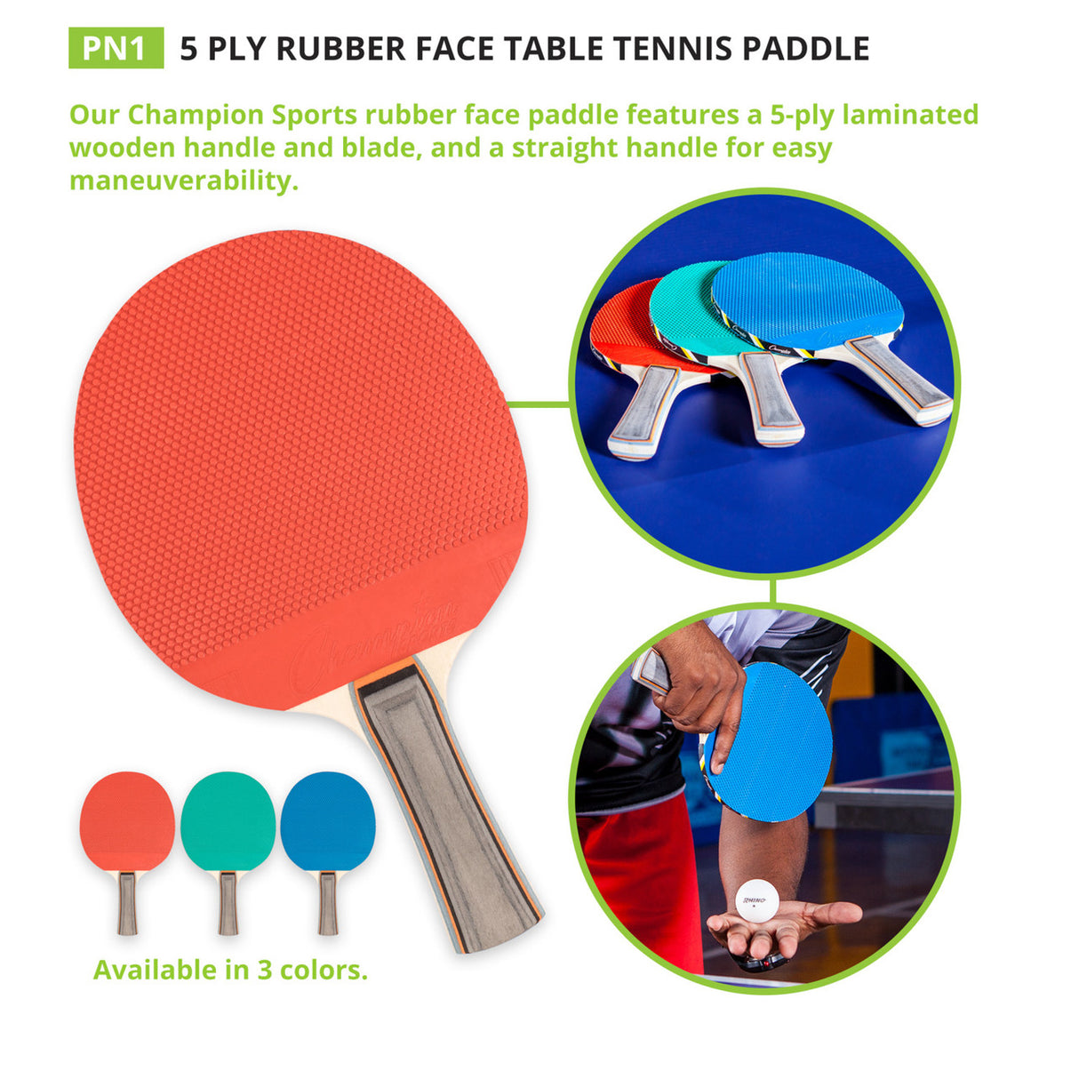 Champion Sports 5 PLY RUBBER TABLE TENNIS PADDLE
