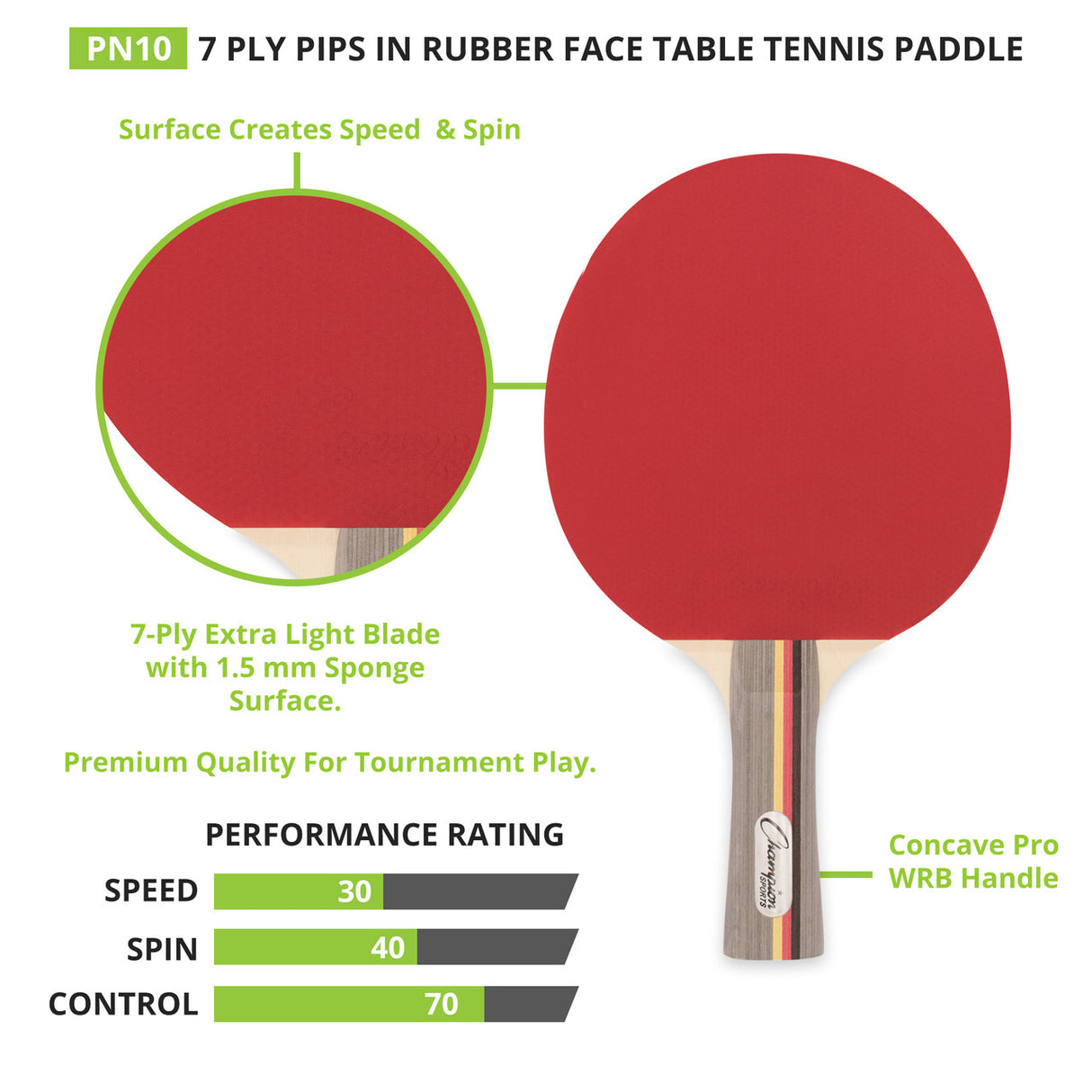 Champion Sports 7-PLY PIPS IN RUBBER FACE TABLE TENNIS PADDLE 3-4-7