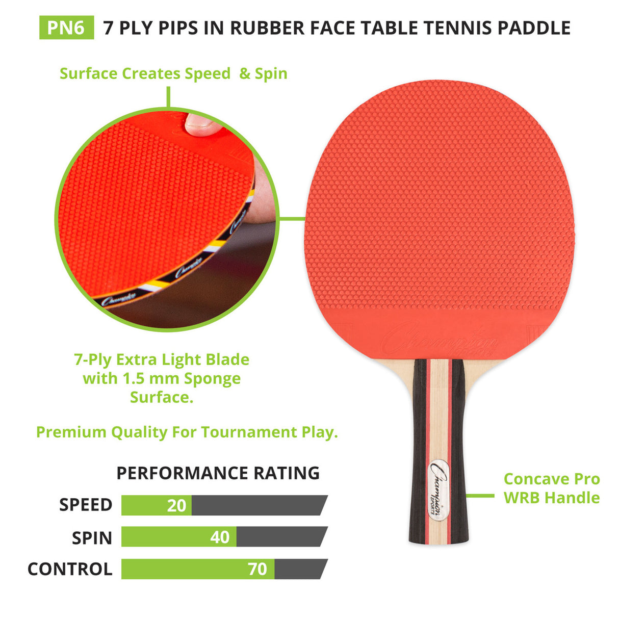 Champion Sports 7-PLY PIPS OUT RUBBER FACE TABLE TENNIS PADDLE 2-4-7