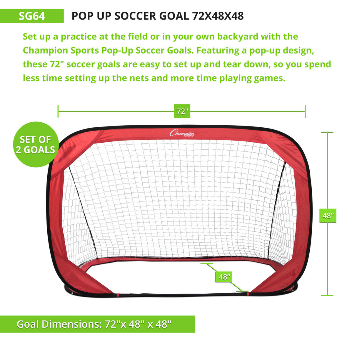 Champion Sports POP-UP SOCCER GOAL, 6' X 4'