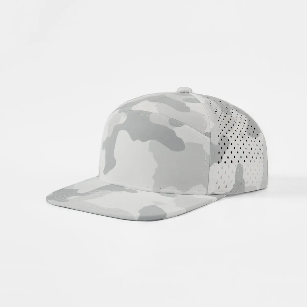 Joe's USA Hat Flat Bill 7 Panel Perforated Snapback Golf Hat - Snow Camo