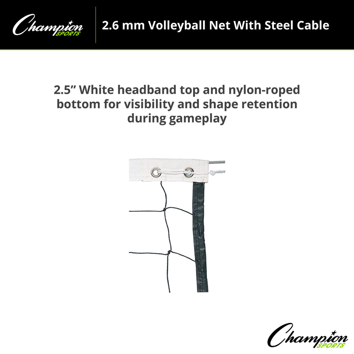 Champion Sports 2.6 MM VOLLEYBALL NET WITH STEEL CABLE, VN100