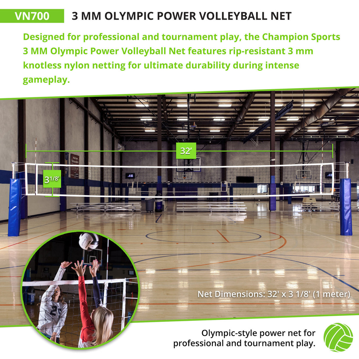 Champion Sports 3 MM OLYMPIC POWER VOLLEYBALL NET, VN700