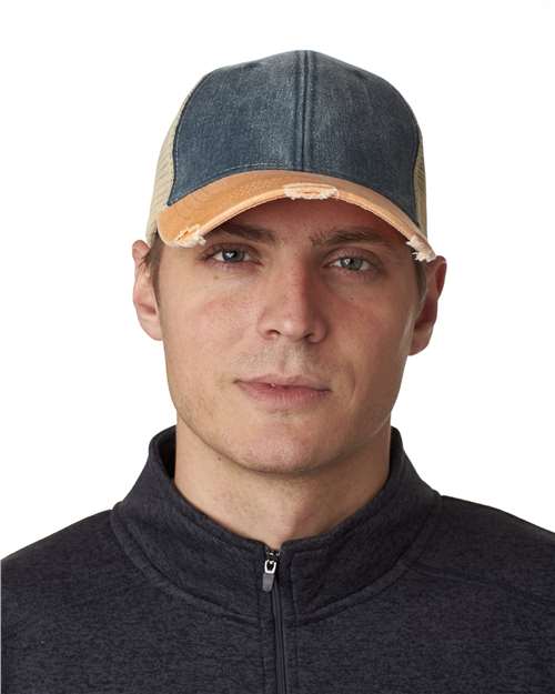Adams Headwear Ollie Distressed Cap - Adams Headwear OL102 Navy/ Tangerine/ Tan OSFM Hats