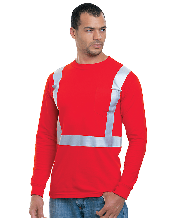 Bayside Unisex USA - Made High Visibility Long Sleeve Pocket T-Shirt - Red - Bayside 3781 Red S Short Sleeve T-Shirts