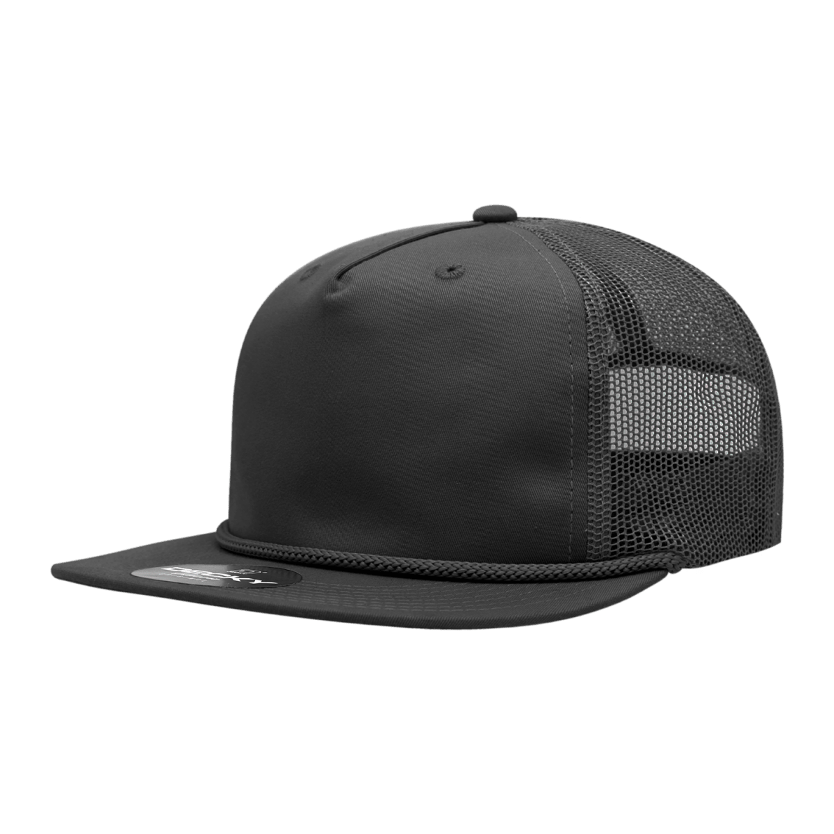 Decky 5 Panel High Profile Relaxed Cotton Blend Trucker w/Rope | Decky 6041 Black Standard