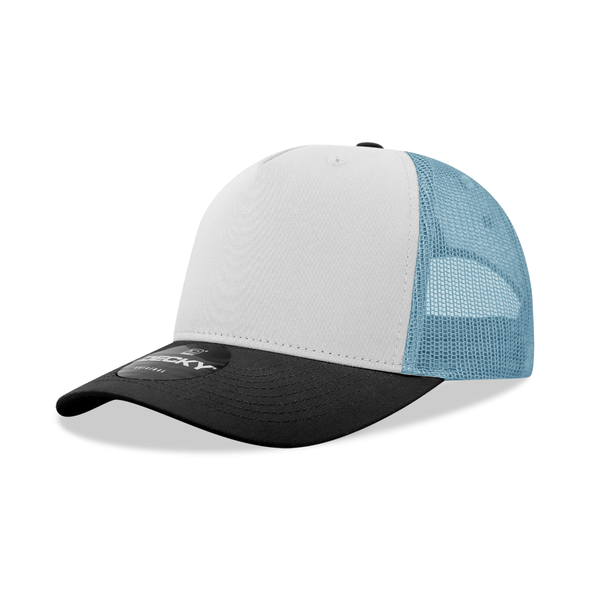 Decky 5 Panel Mid Profile Structured Cotton Blend Trucker | Decky 6030 Black/White/Sky Standard