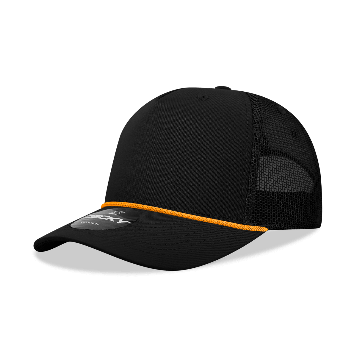 Decky 5 Panel Mid Profile Structured Cotton/Poly Blend Trucker w/Rope | Decky 6040 Black/Gold Standard