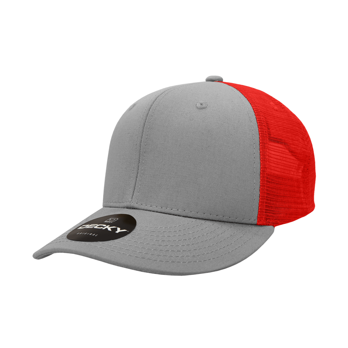Decky 6 Panel Mid Profile Structured Cotton Trucker | Decky 4006 Grey /Red OSFM