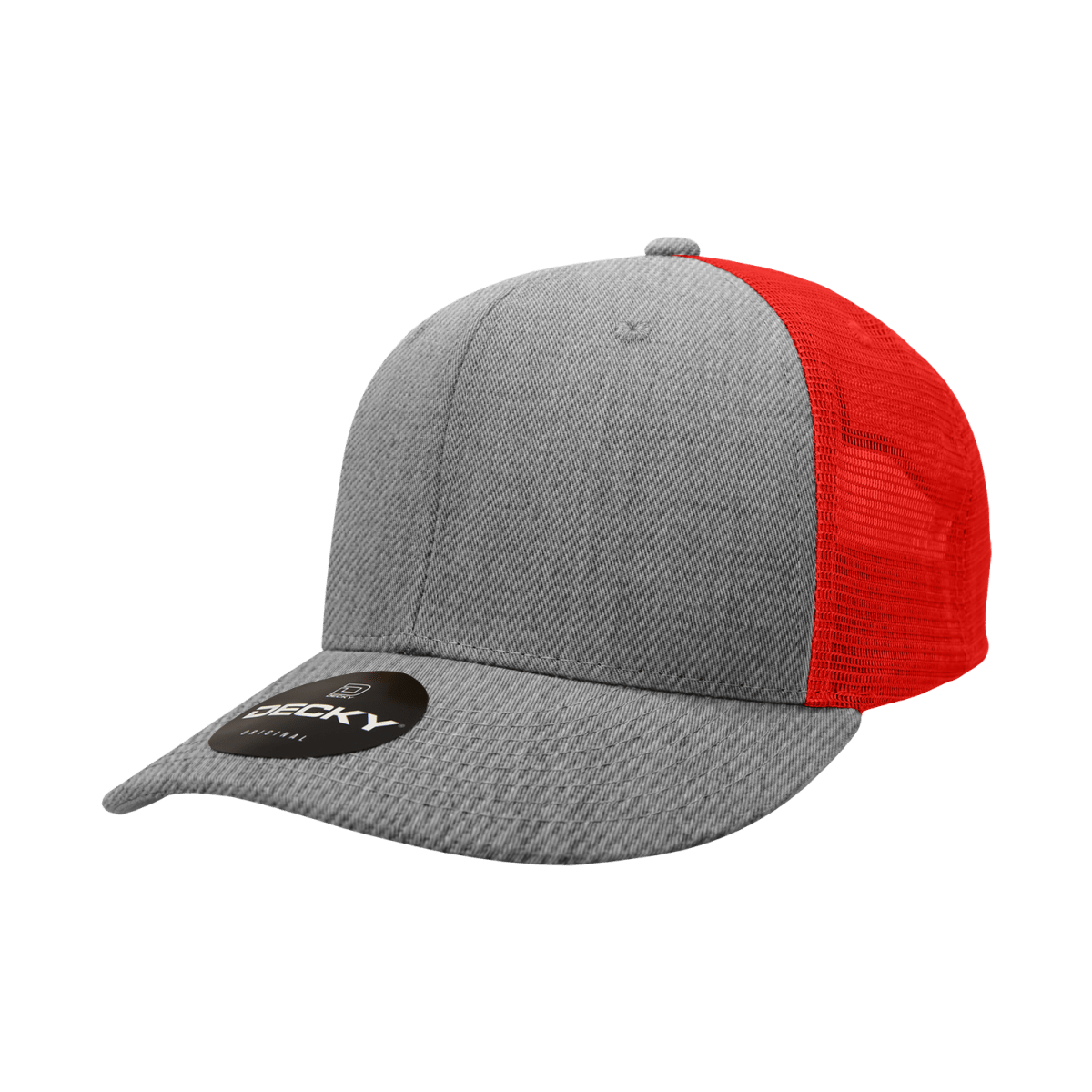 Decky 6 Panel Mid Profile Structured Cotton Trucker | Decky 4006 Heather Grey/Red OSFM