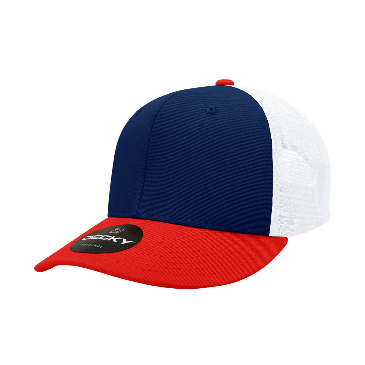 Decky 6 Panel Mid Profile Structured Cotton Trucker | Decky 4006 Red/Navy/White OSFM