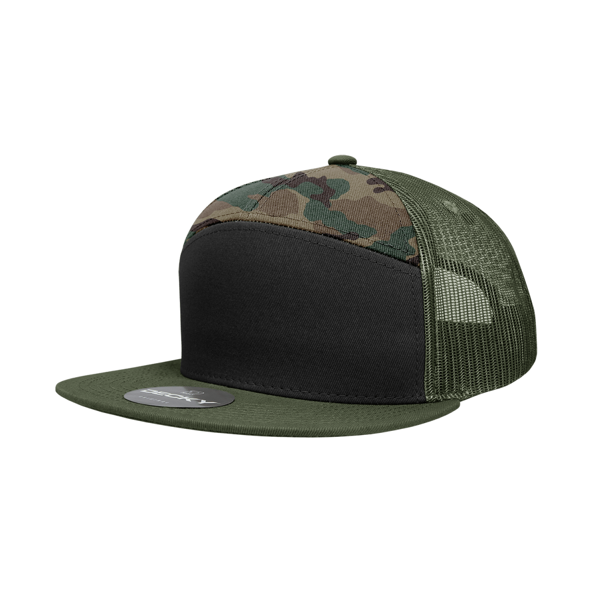 Decky 7 Panel High Profile Structured Cotton Blend Trucker | Decky 1133 Black/Woodland/Olive Standard