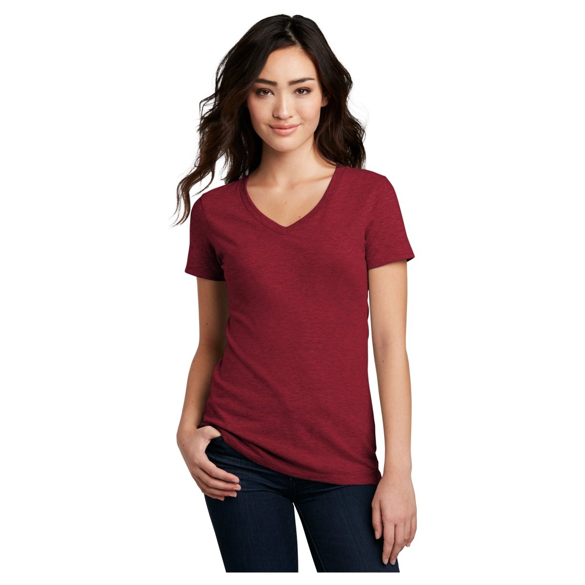 District® Women’s Perfect Blend® CVC V - Neck Tee DM1190L - Red Fleck Red Fleck X - Small Short Sleeve T-Shirts