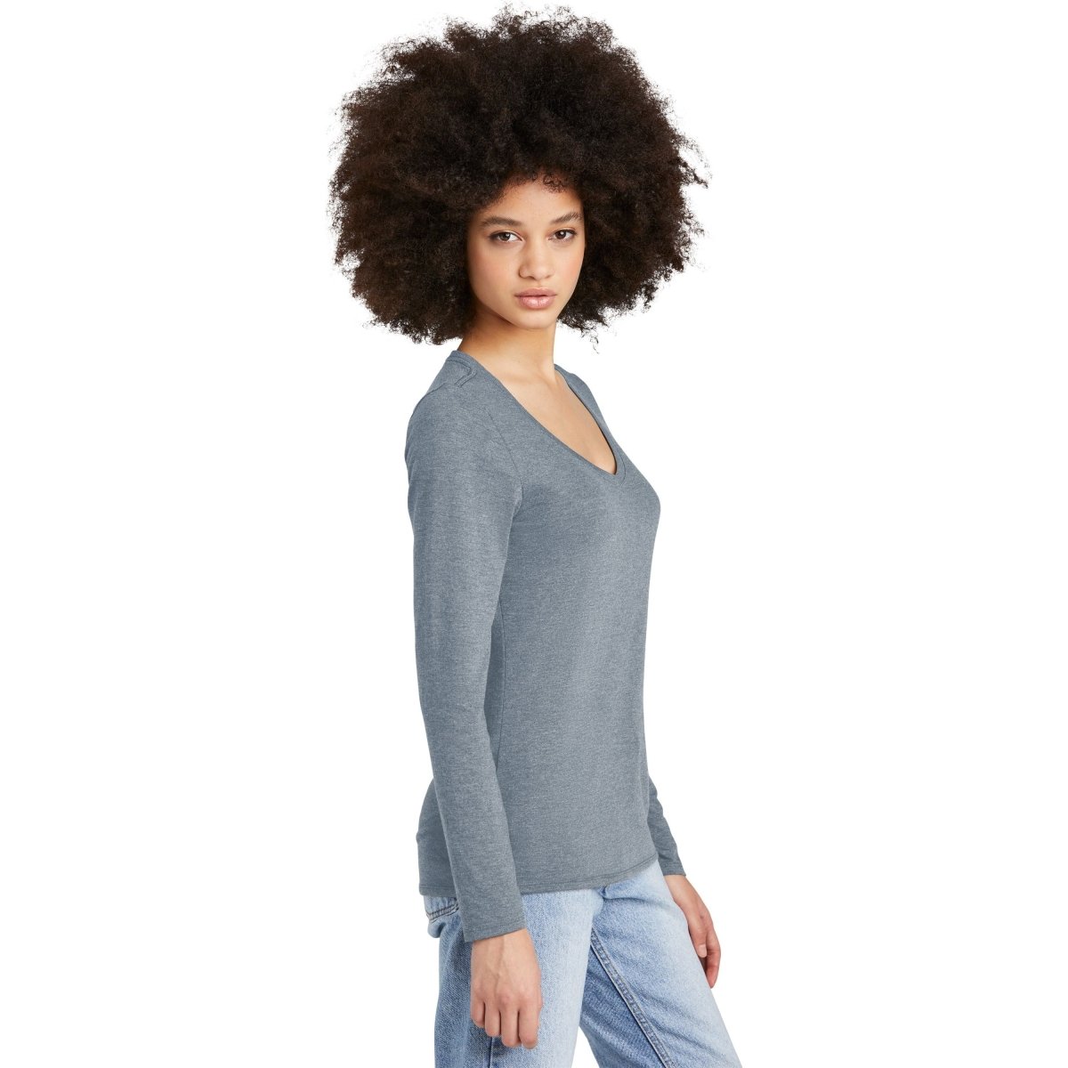 District® Women’s Perfect Tri® Long Sleeve V - Neck Tee DT135 Flint Blue Heather XS Women's Long Sleeve T-Shirts