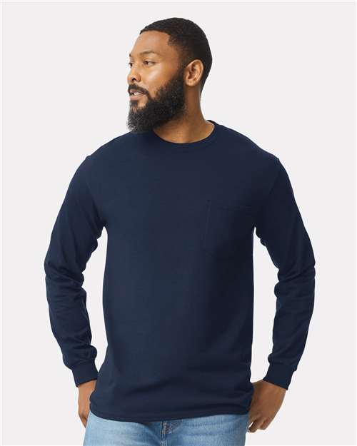Gildan Unisex Ultra Cotton® Long Sleeve Pocket T-Shirt - Gildan 2410 Navy S Short Sleeve T-Shirts