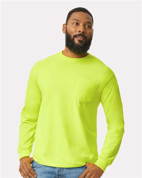 Gildan Unisex Ultra Cotton® Long Sleeve Pocket T-Shirt - Gildan 2410 Safety Green S Short Sleeve T-Shirts