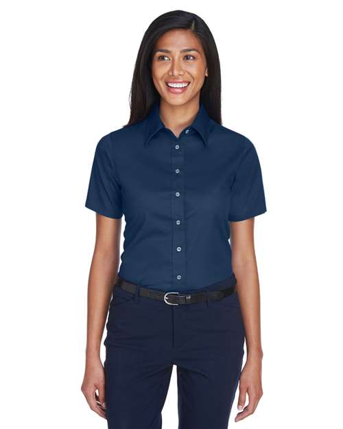 Harriton Women's Easy Blend™ Short Sleeve Twill Dress Shirt with Stain - Release - Harriton M500SW Navy XS
