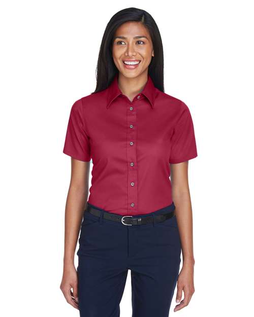 Harriton Women's Easy Blend™ Short Sleeve Twill Dress Shirt with Stain - Release - Harriton M500SW Wine XS