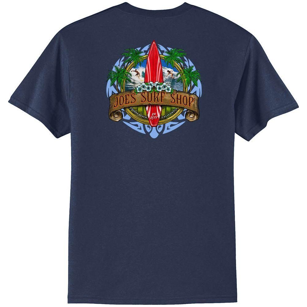 Joe's Surf Shop Longboard Design 50/50 Cotton Poly T-Shirts in Regular, Big and Tall 3X - Large Navy / Blue logo background Short Sleeve T-Shirts