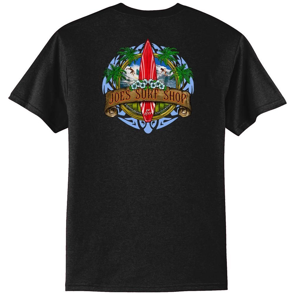 Joe's Surf Shop Longboard Design 50/50 Cotton Poly T-Shirts in Regular, Big and Tall Medium Black / Blue logo background Short Sleeve T-Shirts