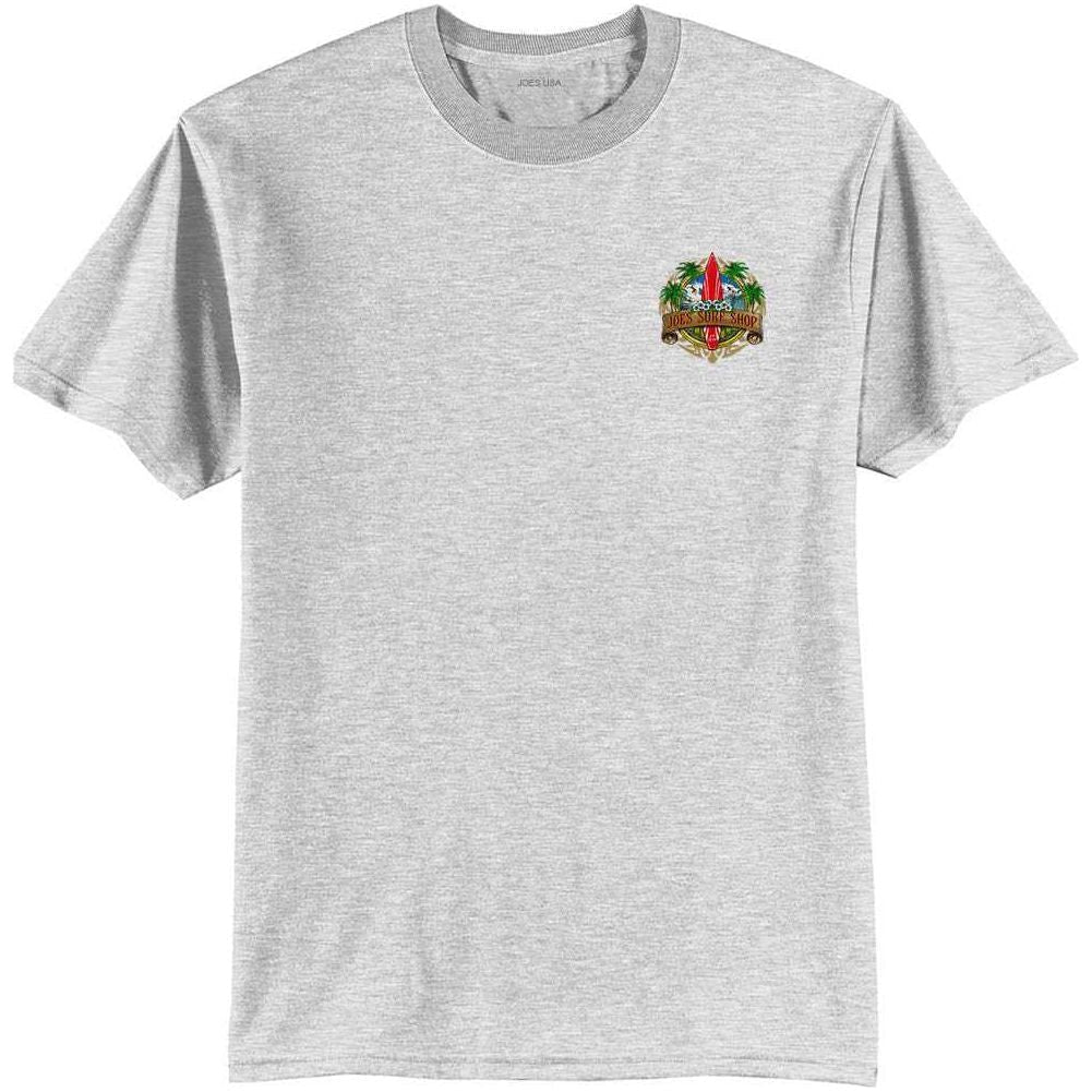 Joe's Surf Shop Longboard Design 50/50 Cotton Poly T-Shirts in Regular, Big and Tall Small Ash / Blue logo background Short Sleeve T-Shirts
