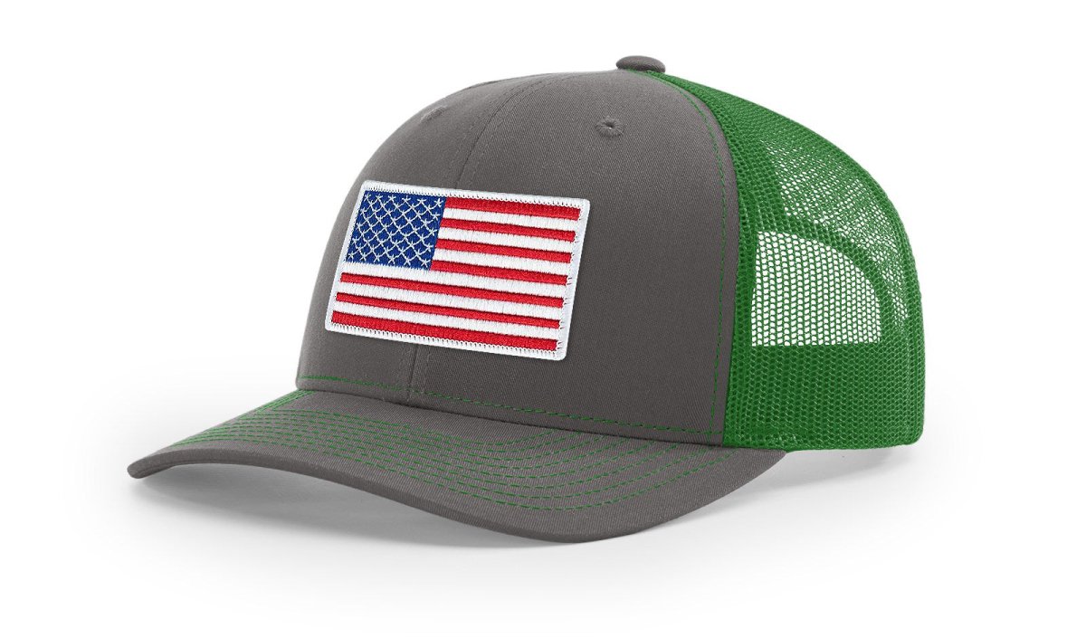 Joe's USA Flag Snapback Trucker Cap Red/White/Blue USA Flag Charcoal / Kelly Green Hats