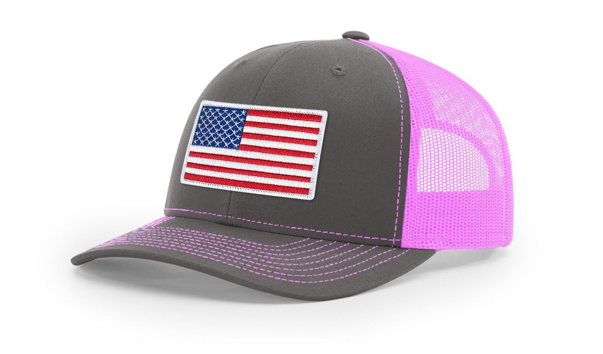 Joe's USA Flag Snapback Trucker Cap Red/White/Blue USA Flag Charcoal / Neon Pink Hats