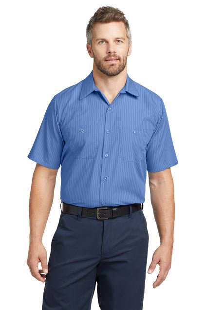 Men's Long Size, Short Sleeve Striped Industrial Work Shirt Petrol Blue/Navy Small